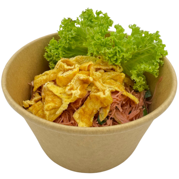 Stir-fried red vermicelli noodles topped with scrambled eggs and lettuce.