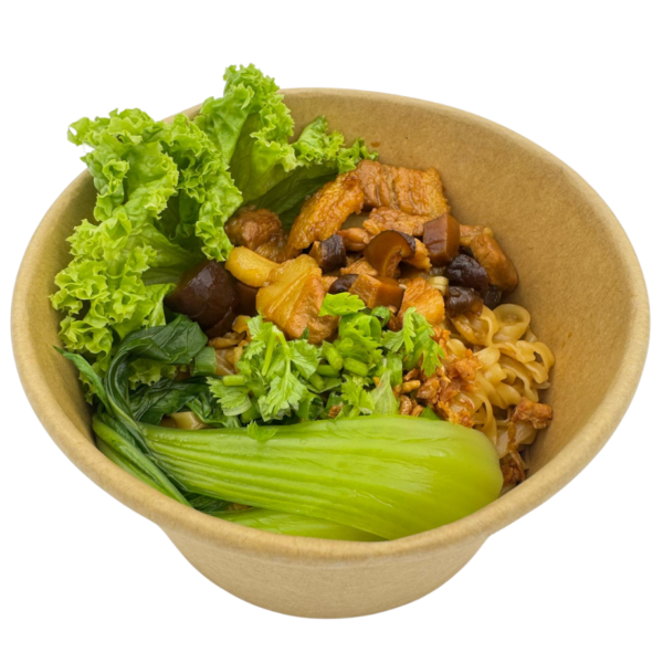 Delicious stir-fried crispy pork belly with noodles and fresh vegetables.