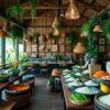 Abundant buffet of rice dishes and fresh vegetables in a lush, plant-filled restaurant.